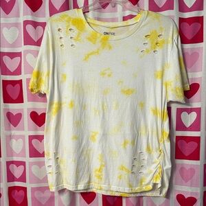 On Fire White and Yellow Tie-Dye Distressed Short Sleeve Tee Size 2X